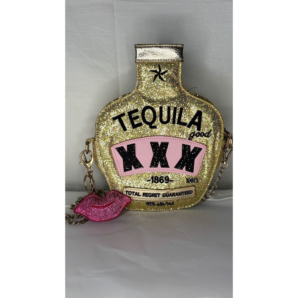 Sam Forever Gold Glitter Tequila Bottle Novelty Crossbody Bag Rhinestone Lips